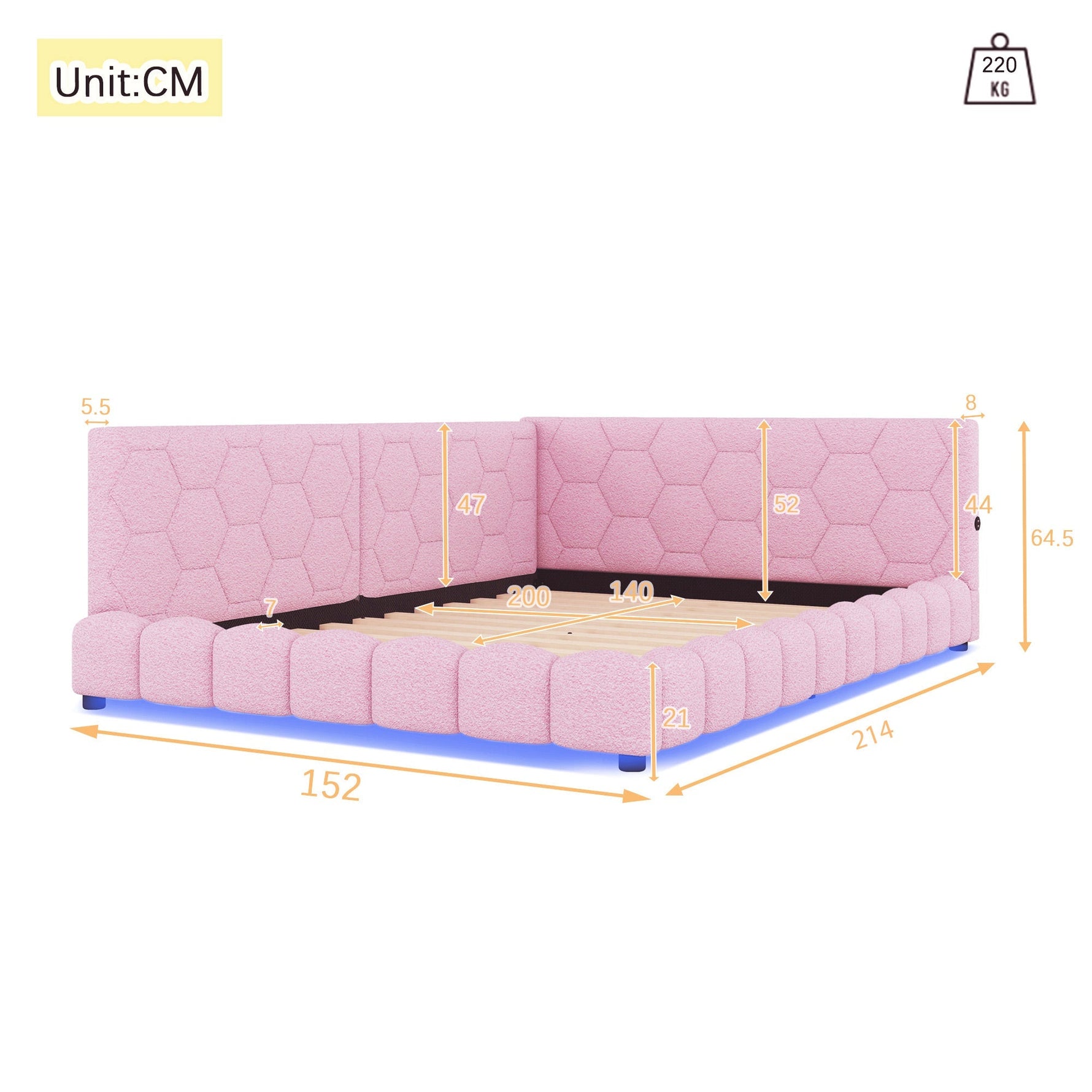 Daybed Sofa Bed 140x200cm Ambient Light USB/Type-C - Pink Faux Fleece