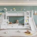 Bunk Bed with Slide, Stair Storage, Bookshelf and Drawers, 90x200cm, White Pine + MDF