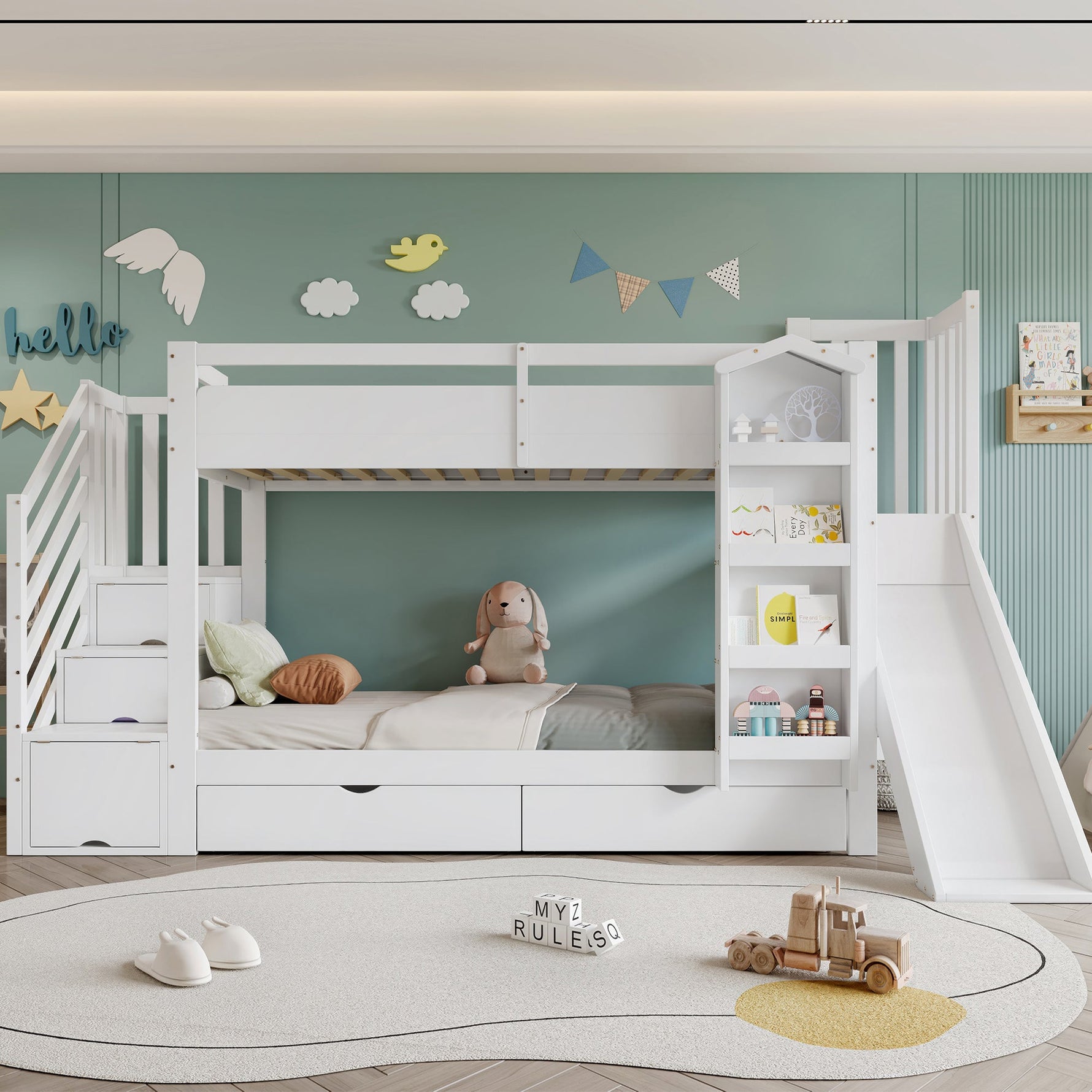 Bunk Bed with Slide, Stair Storage, Bookshelf and Drawers, 90x200cm, White Pine + MDF