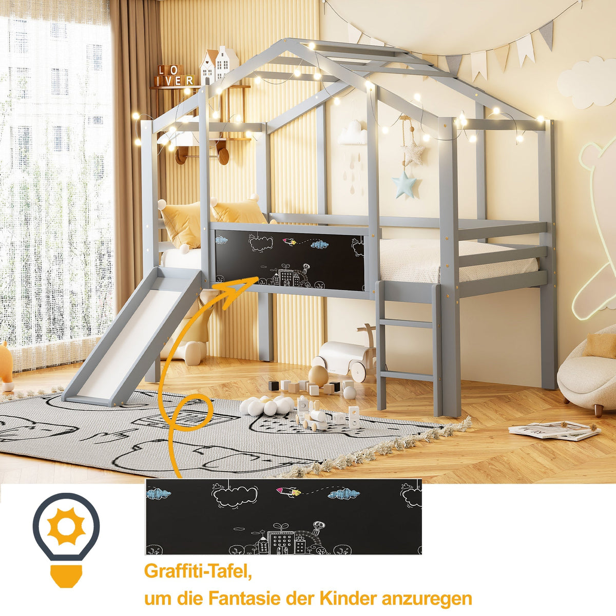 Children's Loft Bed 90x200cm, Slide, Ladder & Graffiti Board, Solid Wood Grey