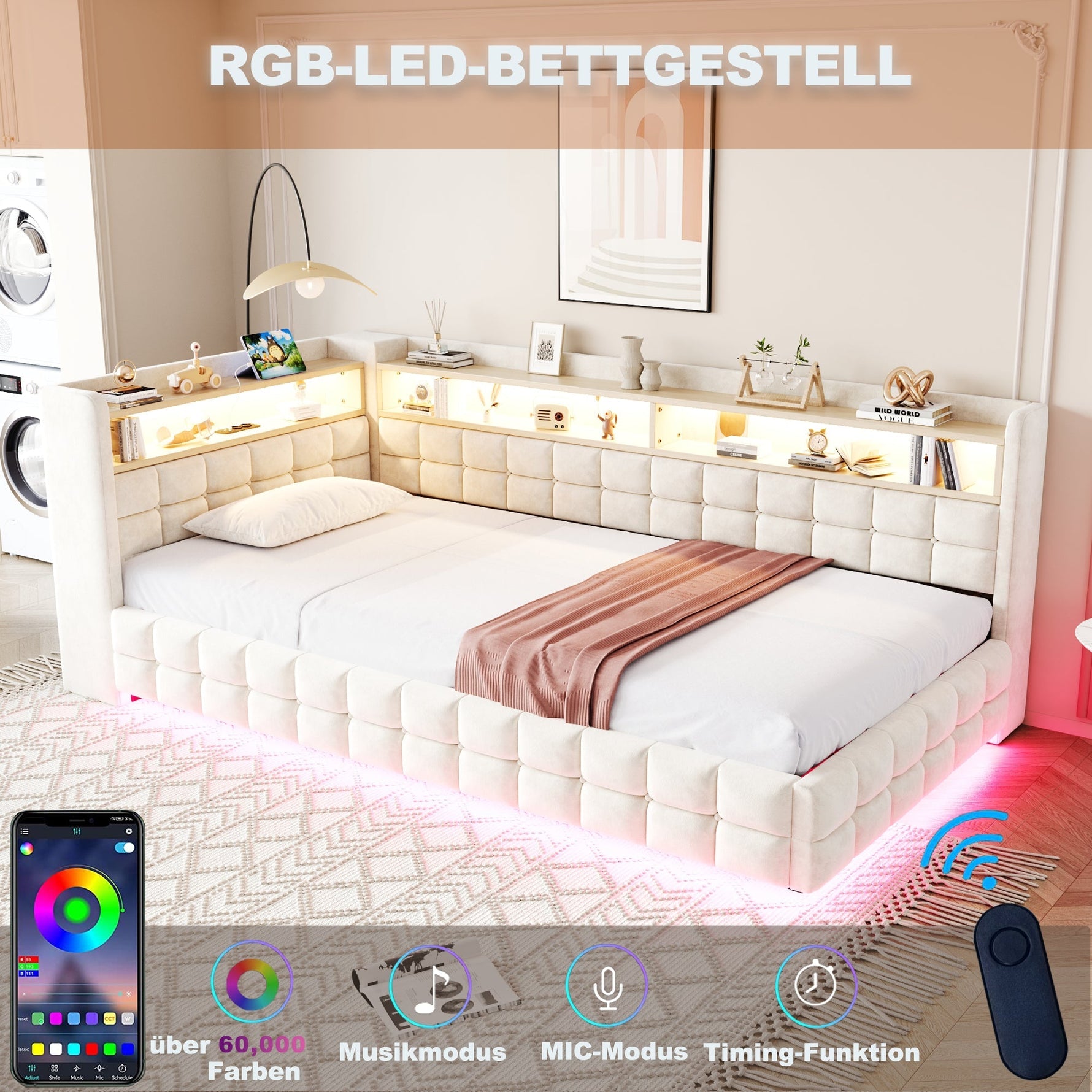 Upholstered Sofa Bed 90x200cm Hydraulic Storage LED USB Ports Beige Velvet