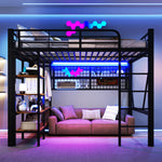 Loft Bed with Storage, Net, Clothes Rail and LED Light Strip, Iron Frame, Black
