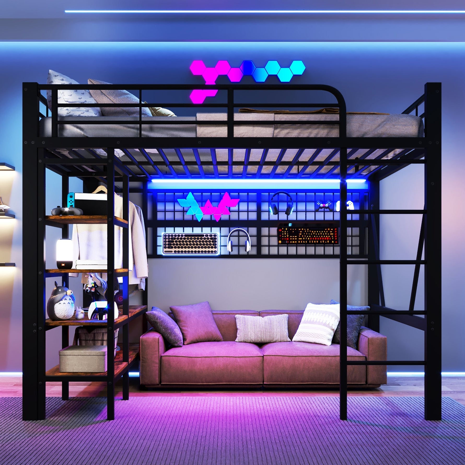 Loft Bed with Storage, Net, Clothes Rail and LED Light Strip, Iron Frame, Black