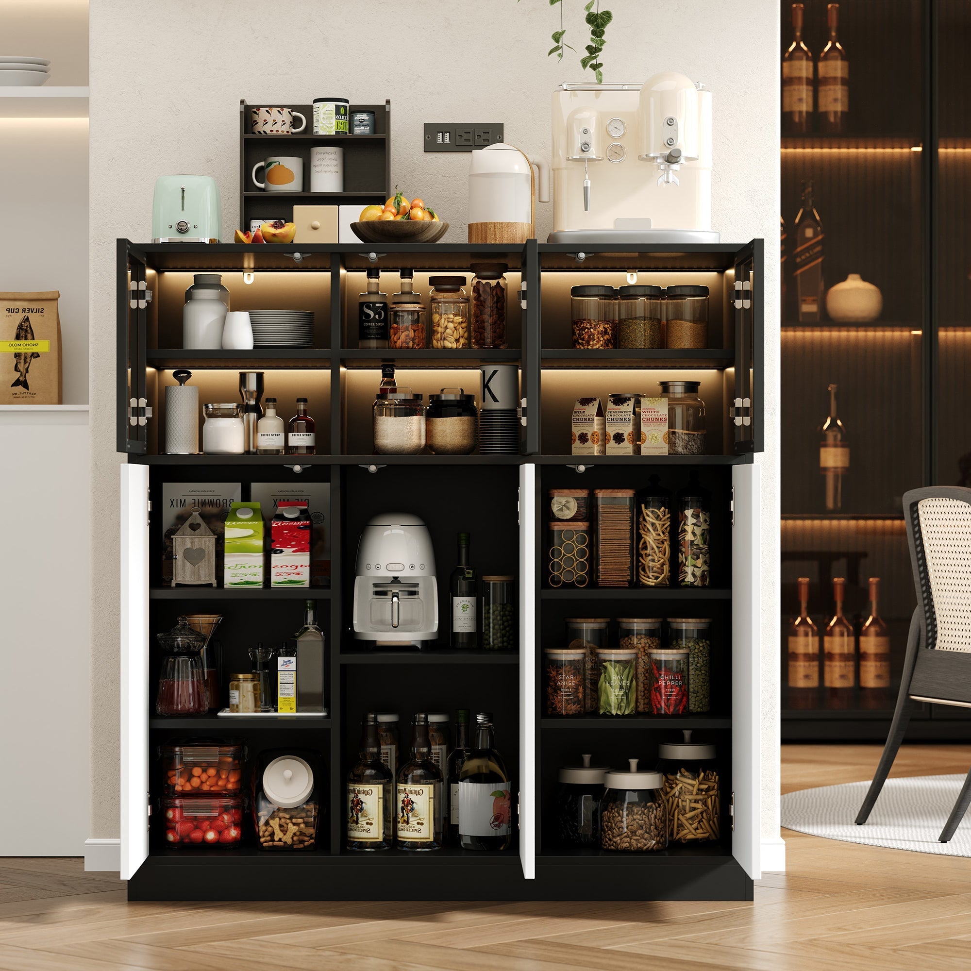 Sideboard Cabinet 100x40x105cm Lighting 3 Glass Doors - White