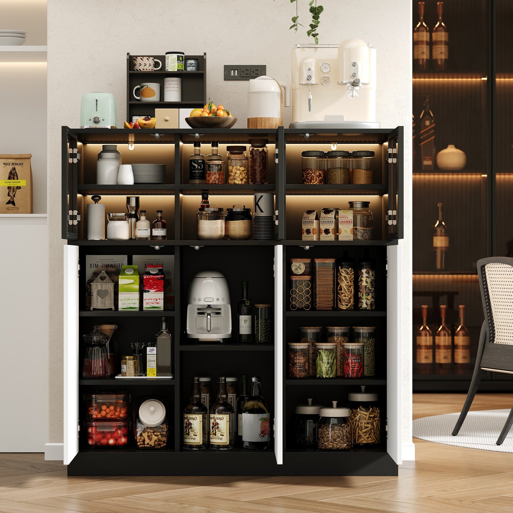 Sideboard Cabinet 100x40x105cm Lighting 3 Glass Doors - White
