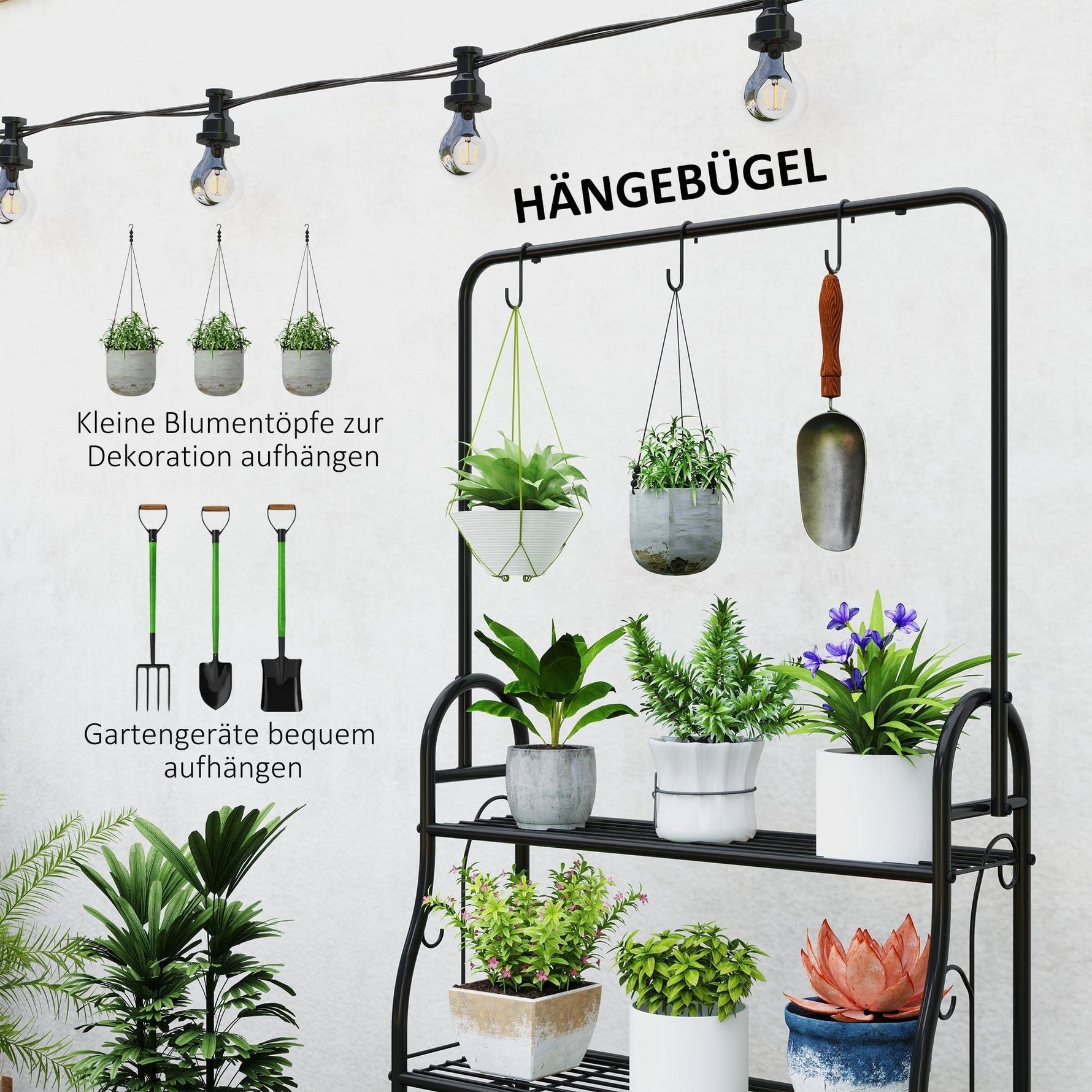 3-Tier Plant Stand, Hanging Rod Hooks 137cm High, Metal Black