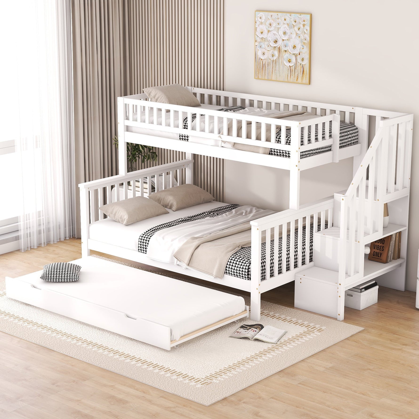 Bunk Bed with Rolling Container, Slatted Base and Storage Stairs, White Pine Wood
