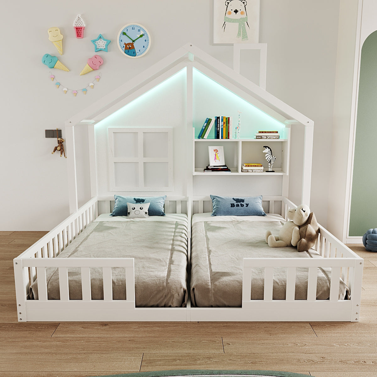 Children's House Bed 90x200 cm with LED & Storage, White