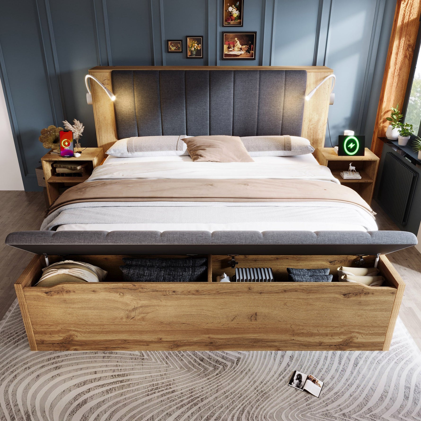 Double Bed with Mattress, Storage, Bedside Tables, Bench and USB Lamps, Oak Wood and Linen
