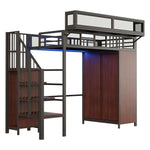Metal Loft Bed 90 x 200 cm with Wardrobe, Safety Ladder and LED Lighting, Black