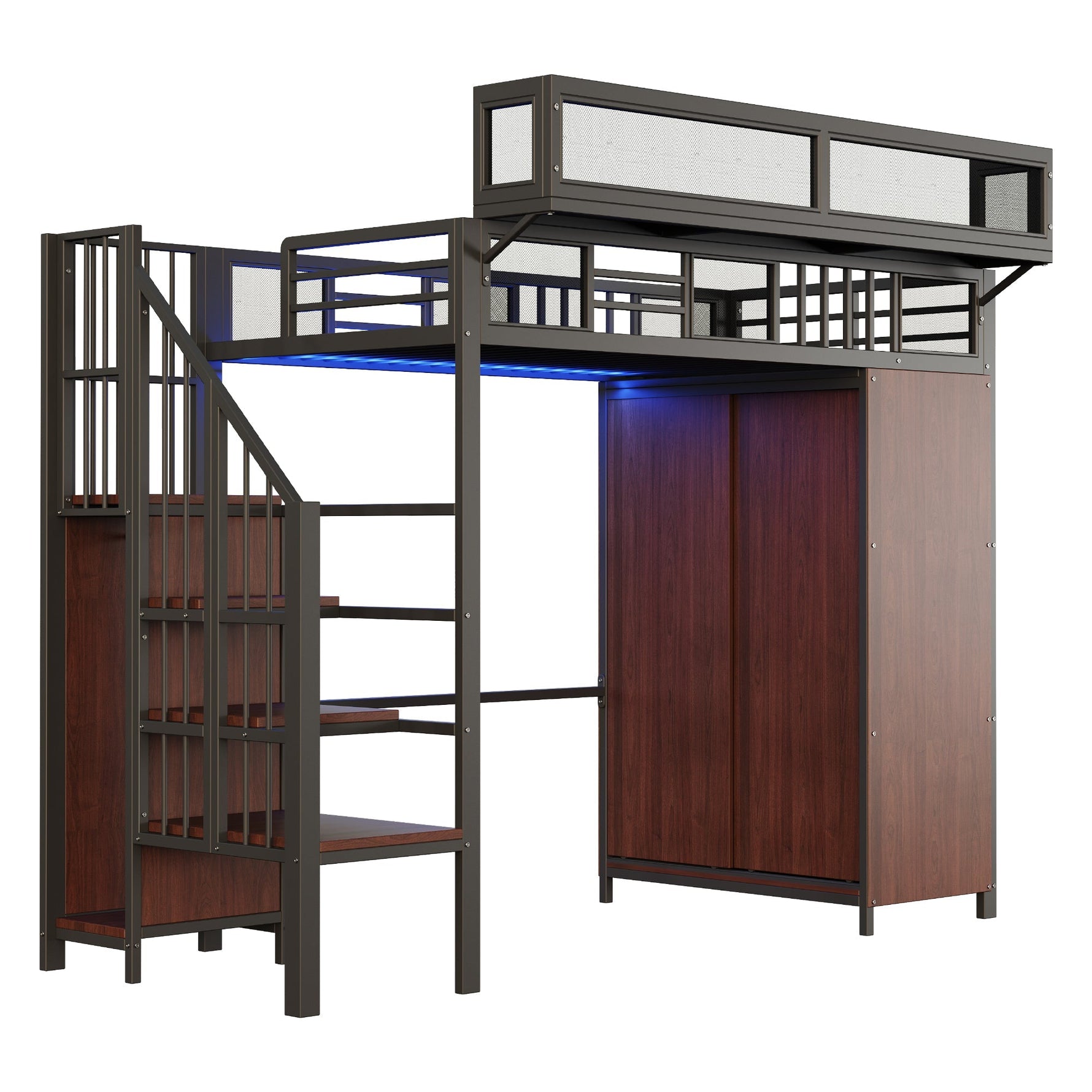 Metal Loft Bed 90 x 200 cm with Wardrobe, Safety Ladder and LED Lighting, Black