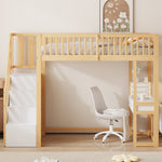 Loft Bed 90x200 Multifunctional Table Storage Stairs, Solid Pine Wood White