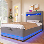 Upholstered Bed 90x200cm with LED & Storage, Grey Linen
