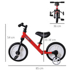 Children's Balance Bike, 2-in-1 with Training Wheels and Pedals, Red