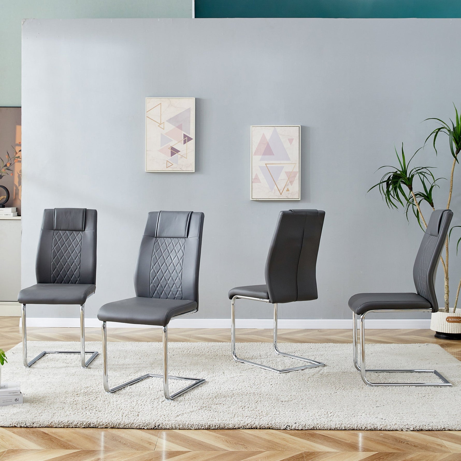 Scandinavian Dining Chairs Set of 4 Mesh Back Metal Legs - Dark Grey PU Leather