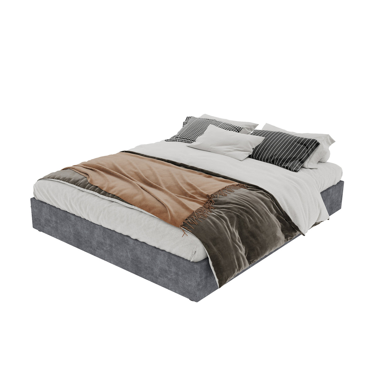 Modern Minimalist Bed Frame 160x200 with Mattress, Gray Velvet
