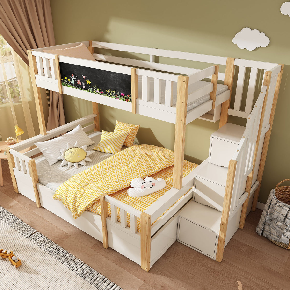 Bunk Bed for 3 Children with Storage Stairs and Chalkboard, White Natural Solid Wood