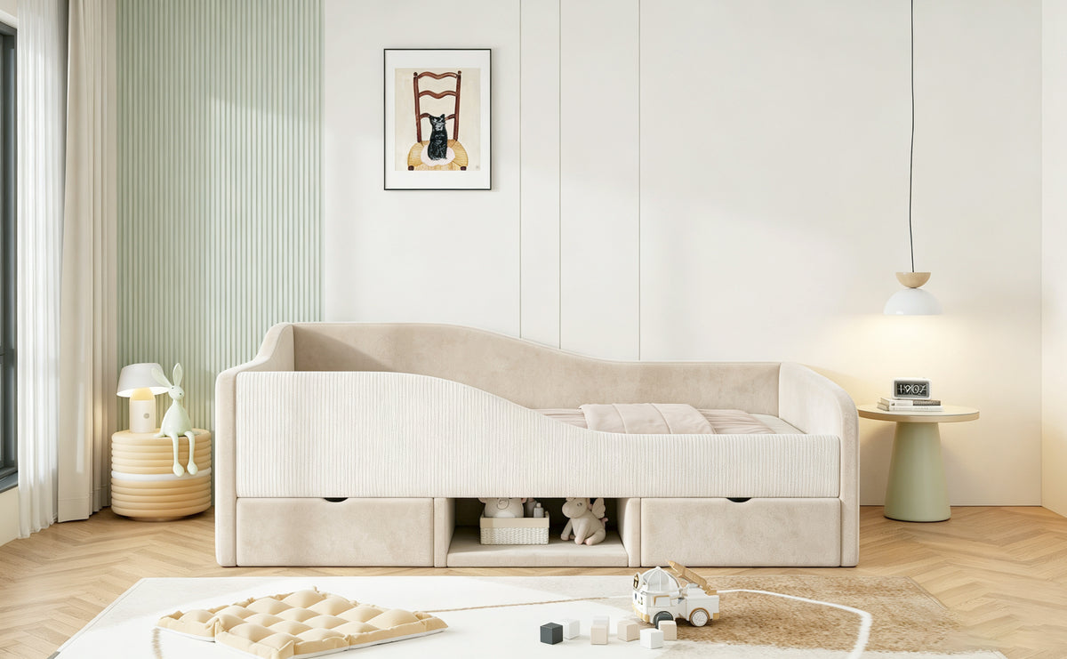 Upholstered Children's Bed 90x190 with 2 Drawers, Beige Velvet