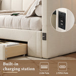 Upholstered Daybed Sofa Bed Extendable 90x200cm Storage Drawers USB Port Beige Linen