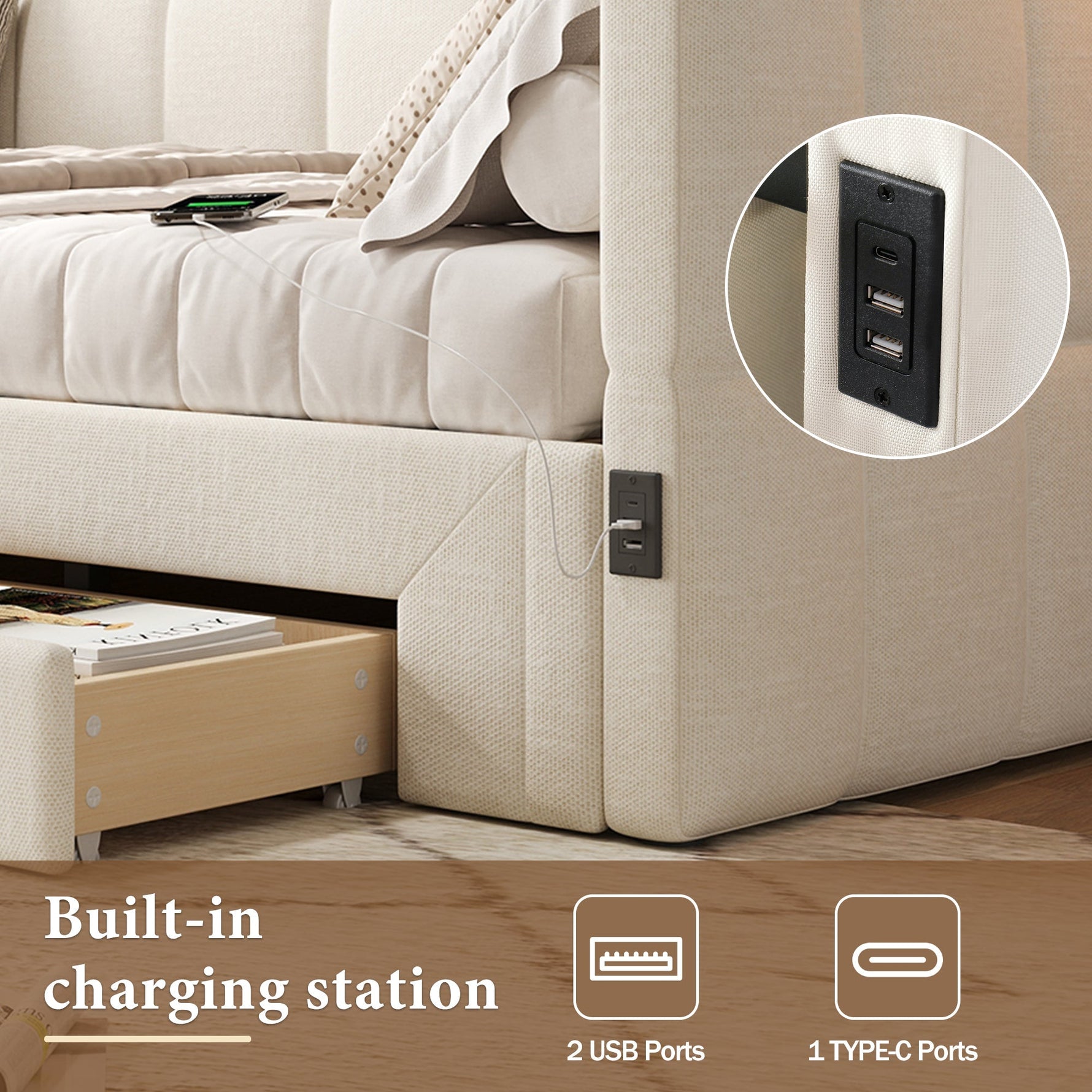 Upholstered Daybed Sofa Bed Extendable 90x200cm Storage Drawers USB Port Beige Linen