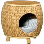 Cat Cave, Water Hyacinth Grass with Washable Cushion, Light Brown + Natural Wood + Grey
