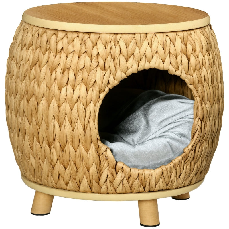 Cat Cave, Water Hyacinth Grass with Washable Cushion, Light Brown + Natural Wood + Grey