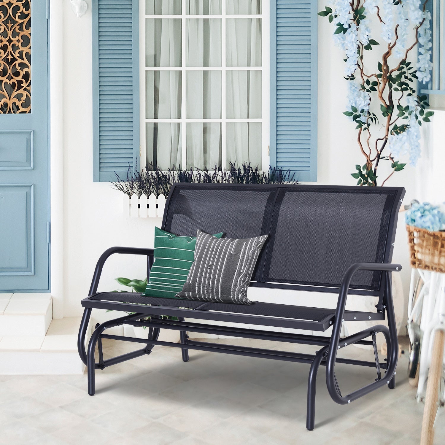 Rocking Chair 2-Seater Garden Swing Park Bench Metal, Black 120 x 70 x 88 cm