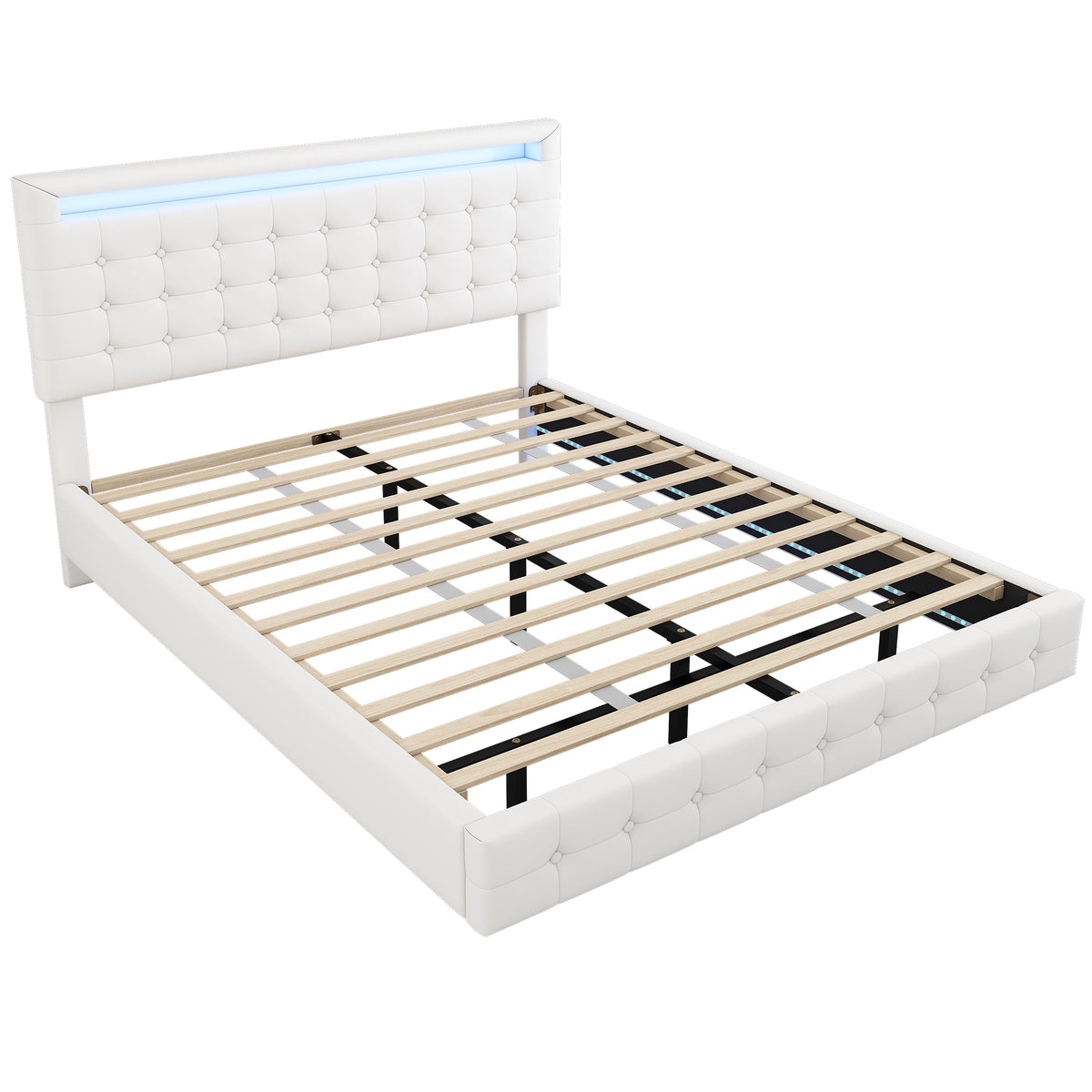 Flatbed Bed 140x200cm with LED & Adjustable Headboard, White PU