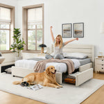 Double Bed 160*200 cm with 4 Storage Drawers, Chenille Beige