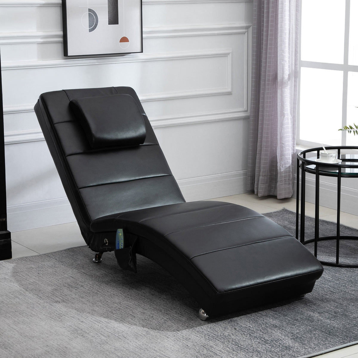 Leather Recliner with Massage Function, 8 Massage Points, Remote Control, High Backrest, Black