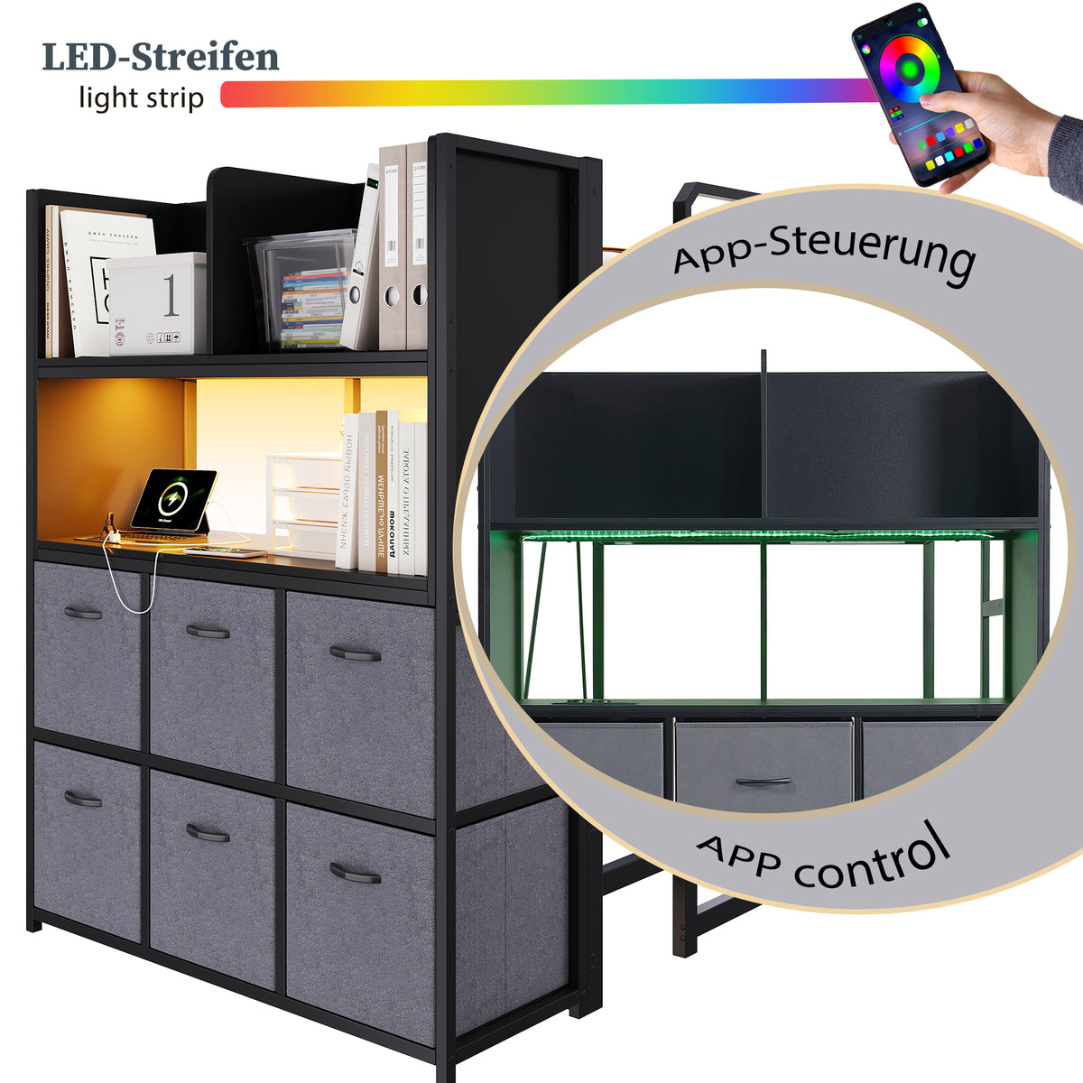 Loft Bed 120x200 cm with Storage & Charging, Black Metal