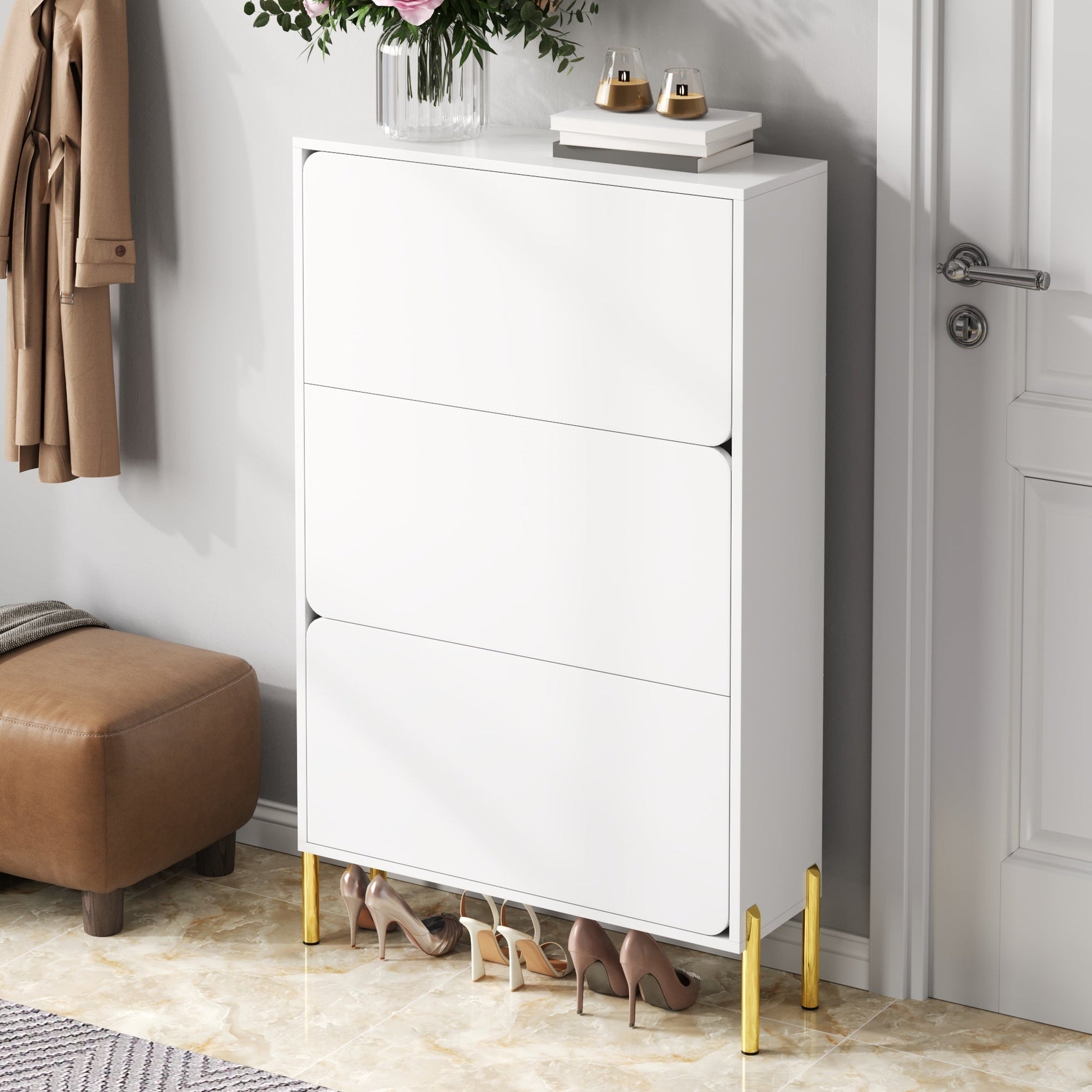 Modern Minimalist Shoe Cabinet with 3 Doors and Large Capacity, White and Gold