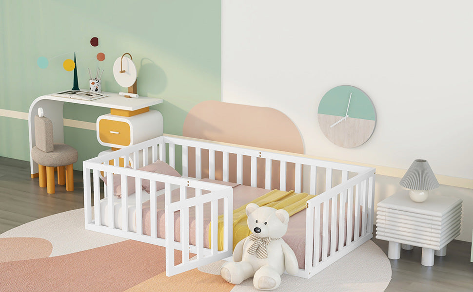 Children's Bed 90x200 Wooden Frame with Railing & Door, White