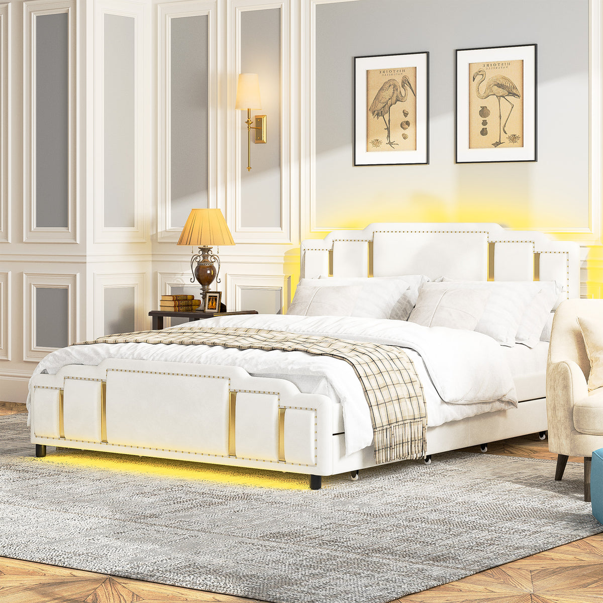 Double Bed 160x200cm with USB, LED & 4 Drawers, Dark Gray Linen
