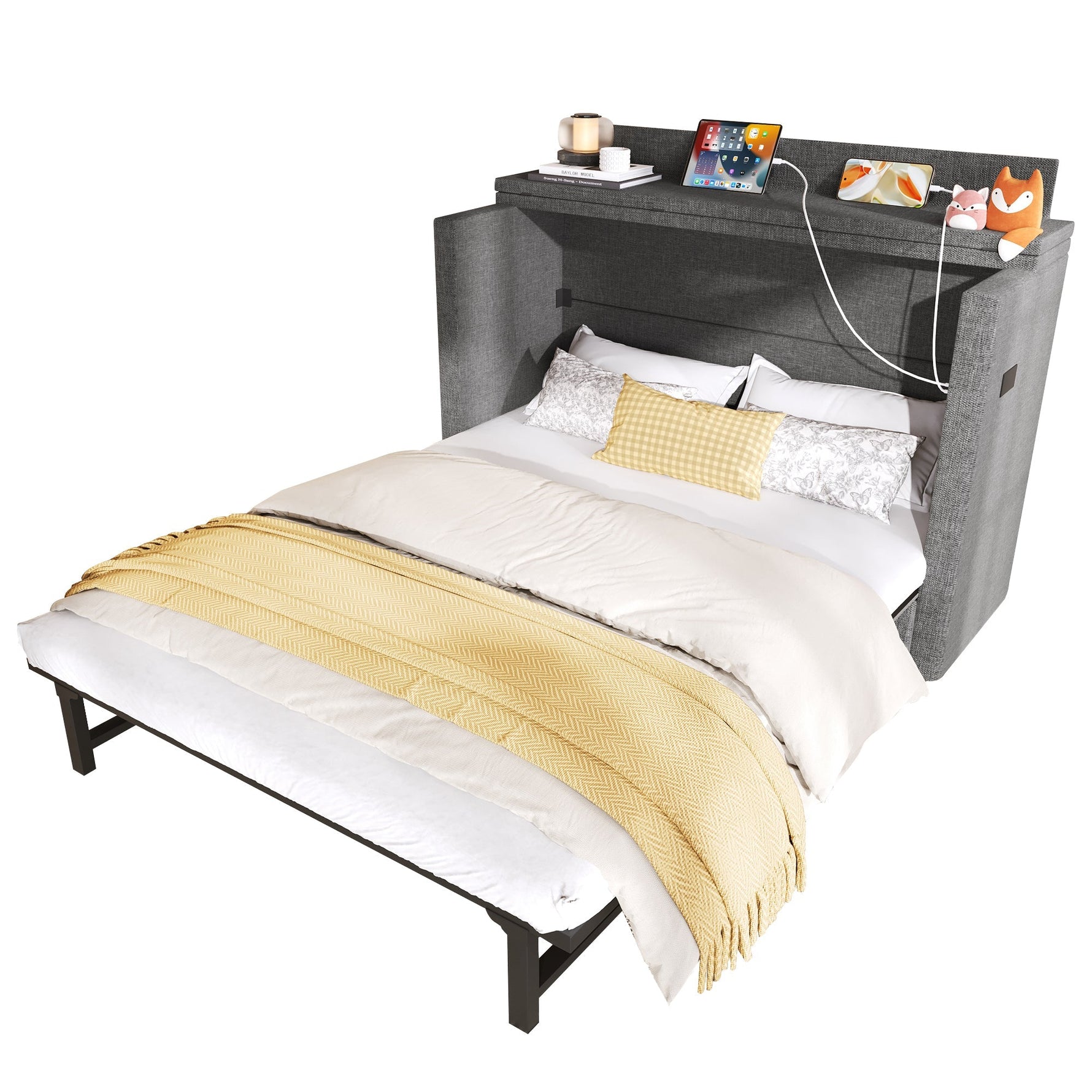 Mobile Murphy Bed with Storage and USB Ports, 140 x 200 cm, Grey Linen