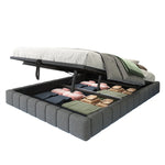 Upholstered Bed 140x200cm, Hydraulic Floating Frame Storage LED Light, Linen Grey