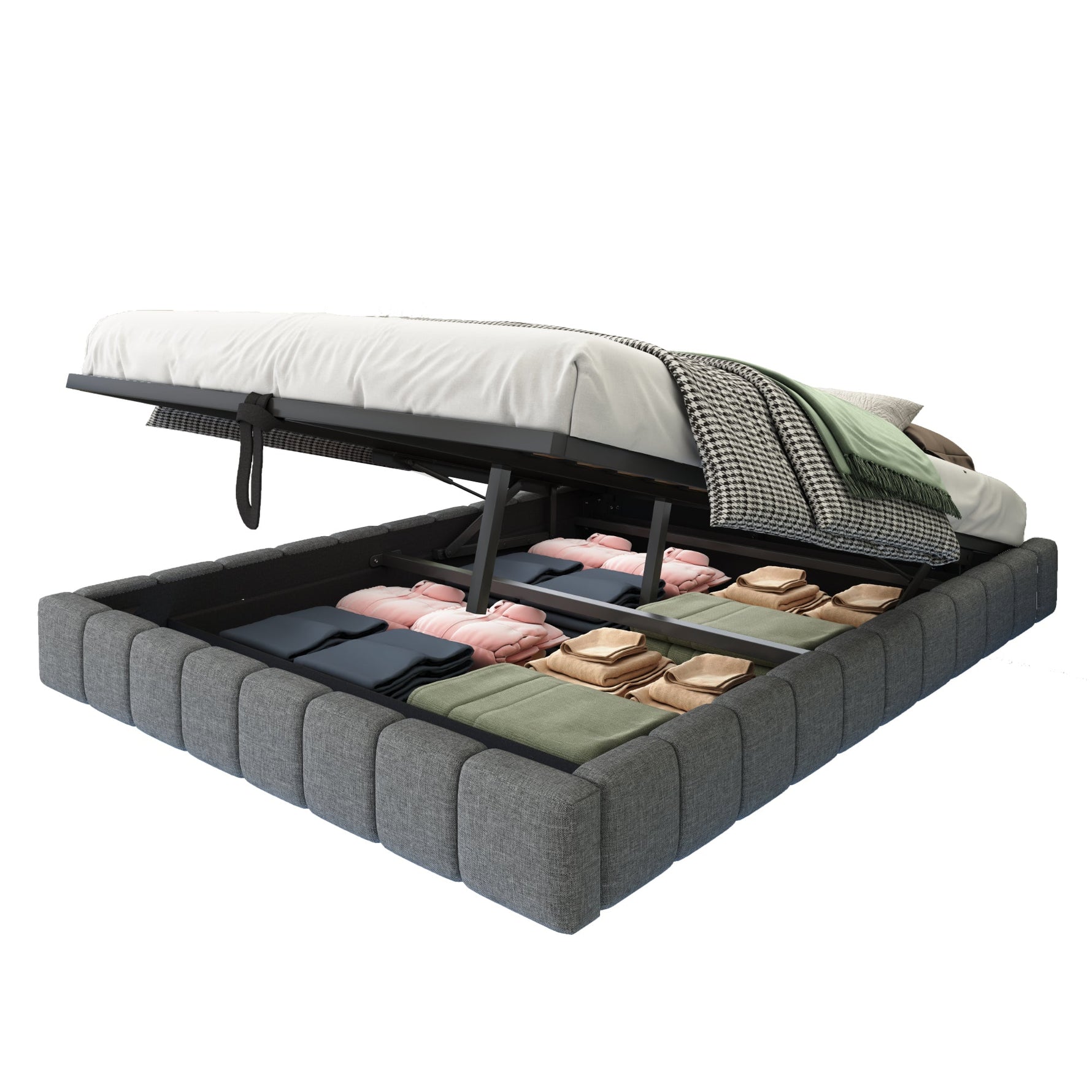 Upholstered Bed 140x200cm Floating Frame Storage LED Light Linen Grey
