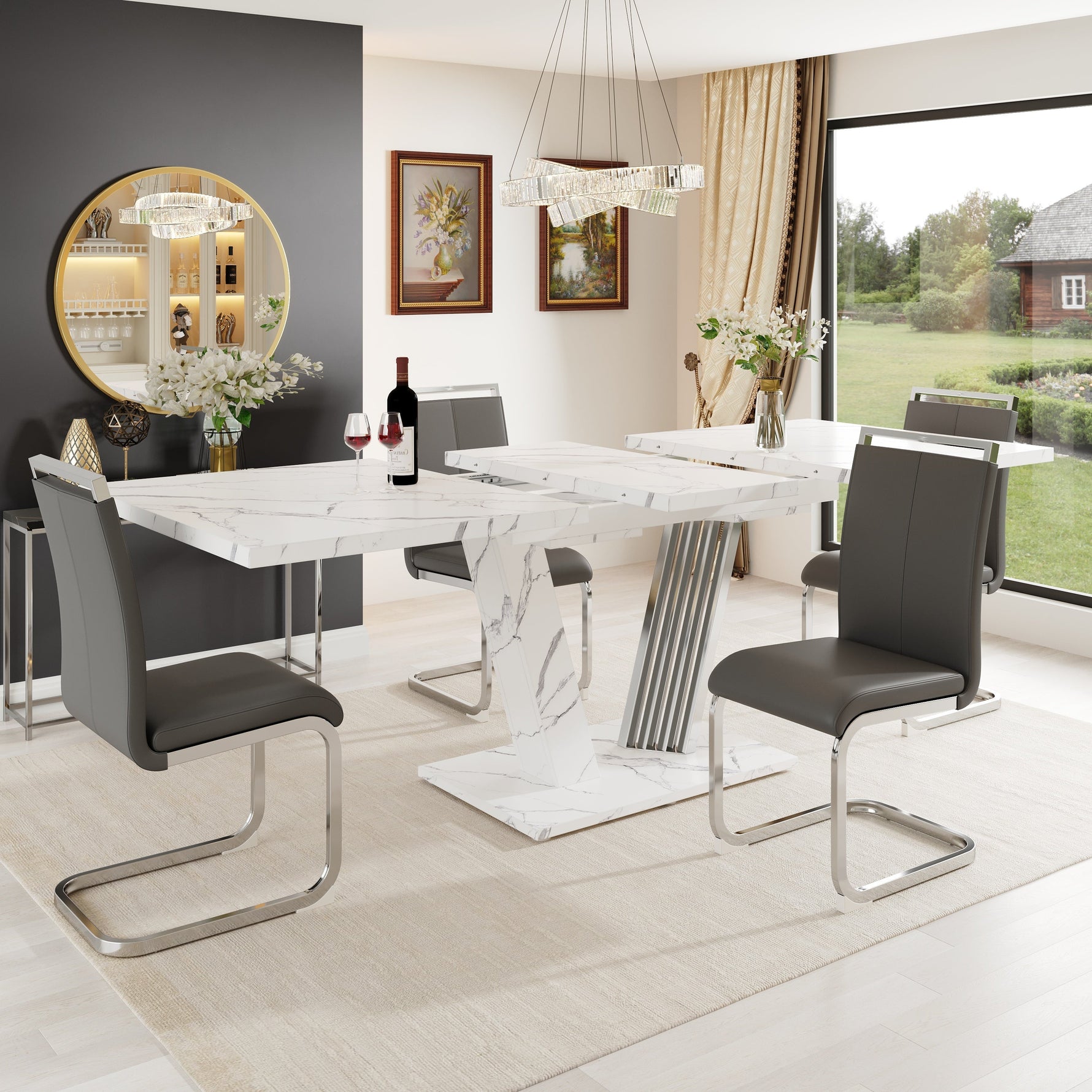 Extendable Dining Table with Butterfly Frame and Leaf, Marble Top and Metal