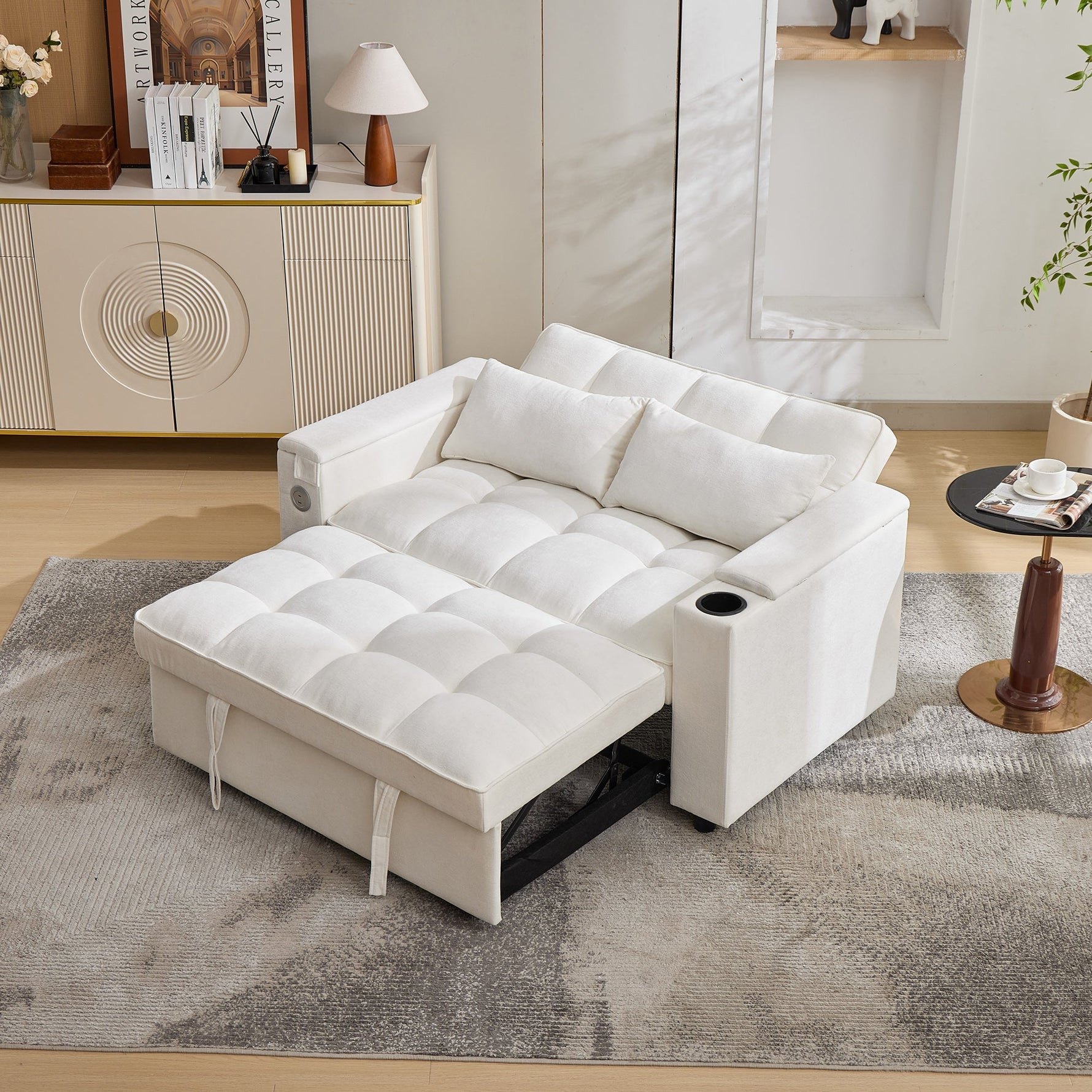 3-in-1 Sleeper Sofa Daybed, Adjustable Backrest USB Port Hidden Cup Holder, Beige