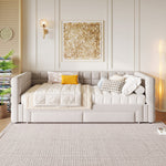 Daybed with Extendable Frame and 2 Storage Drawers, Beige Samt and MDF