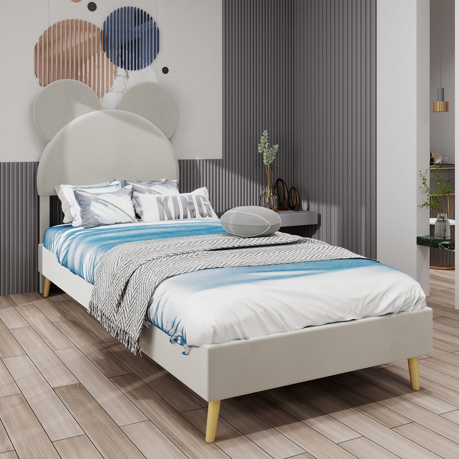Upholstered Bed, Modern Minimalist Cartoon-Themed Headboard, 140x200 cm, Beige