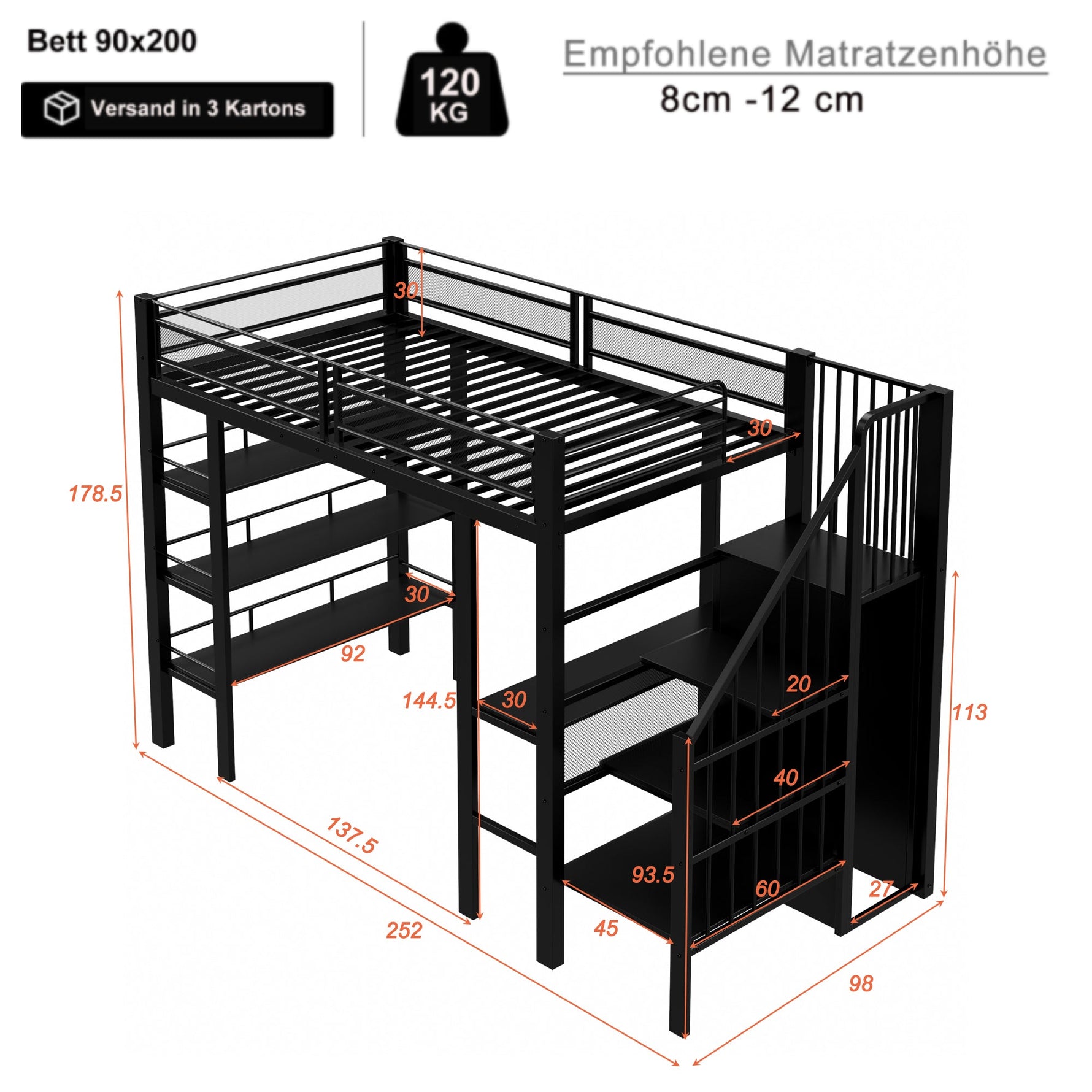 Loft Bed 90x200 LED Light Socket Storage Bookshelf - Black