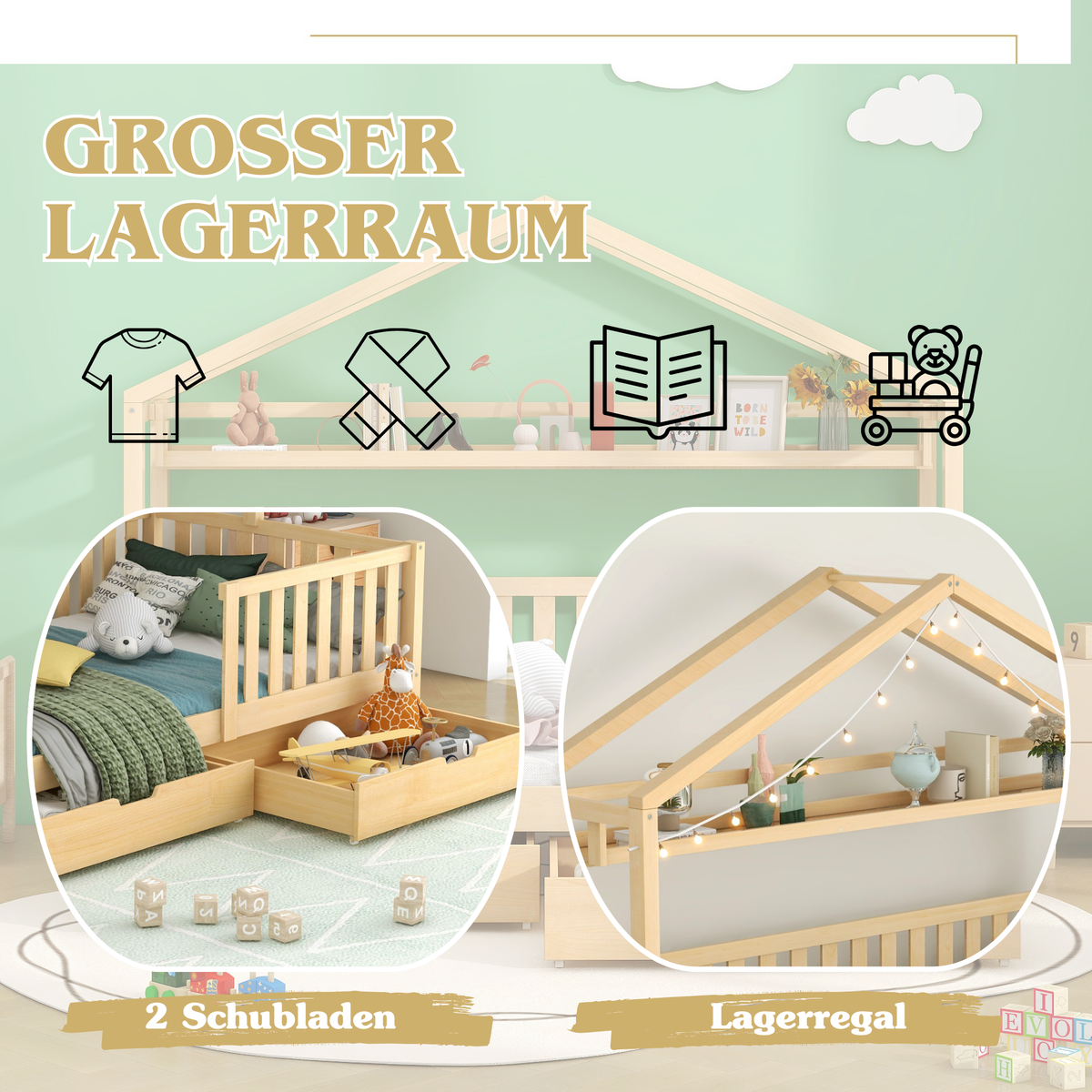 Children's House Bed 90x200cm with Drawers Slatted Base Pine Wood Natural