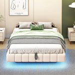 Upholstered Bed 140x200cm Floating Hydraulic Storage LED Light, Linen Beige