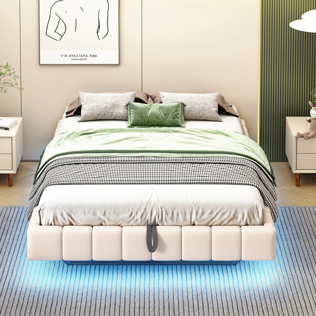 Upholstered Bed 140x200cm Floating Hydraulic Storage LED Light, Linen Beige