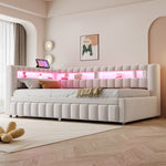 Extendable Sofa Bed 90x200cm with LED & USB, Beige Velvet
