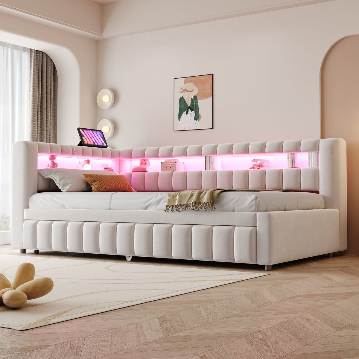 Extendable Sofa Bed 90x200cm with LED & USB, Beige Velvet