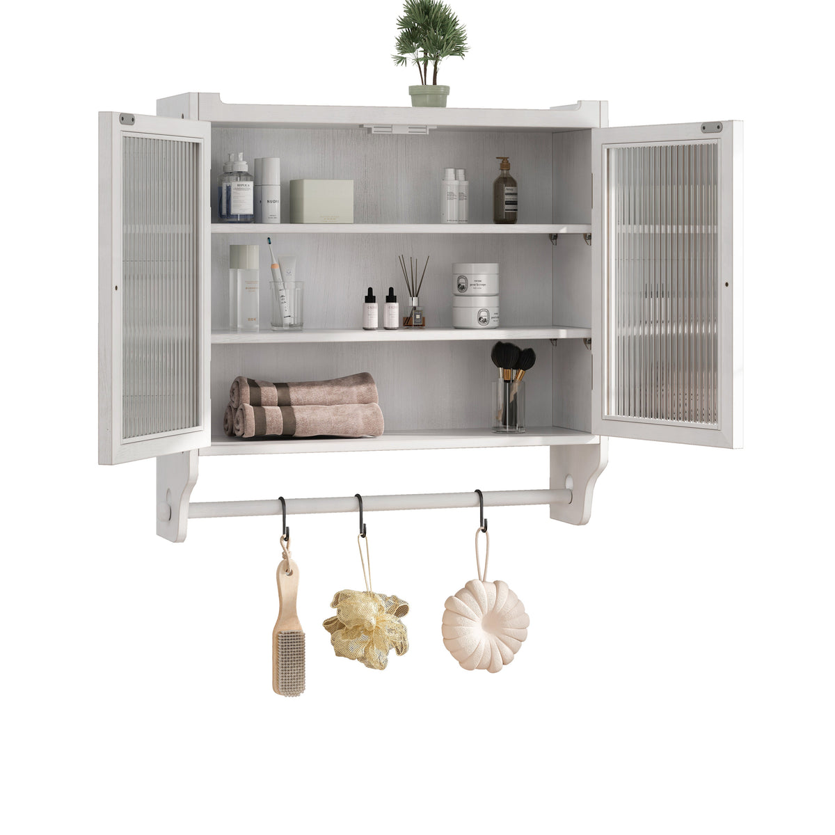 60cm Glass Door Vintage Double Door Wall Cabinet, Three Tiers, Towel Rack, White Washed
