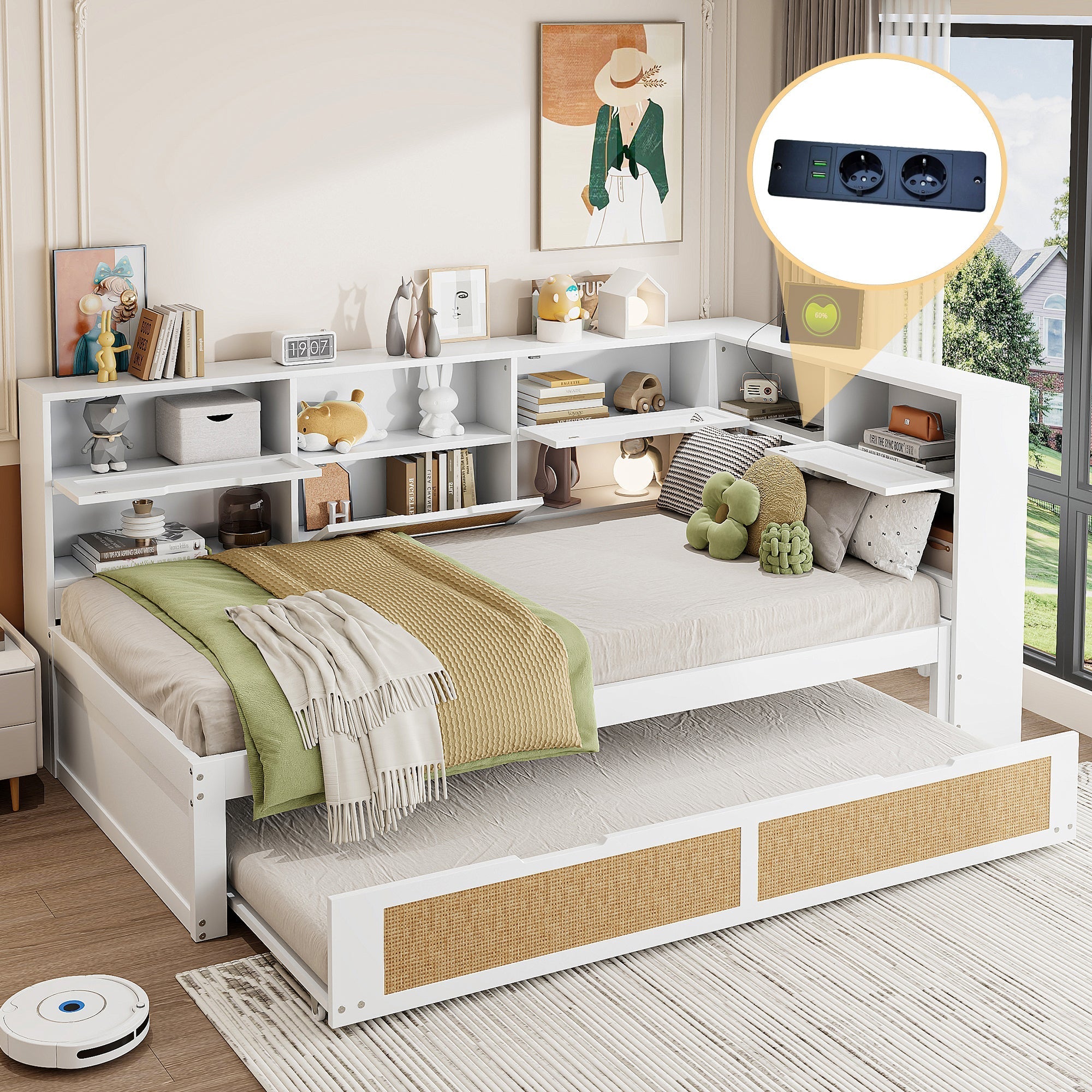 Sofa Bed, Wooden 90*200 Pull-out Multifunctional Single with Storage & Charging Port, White