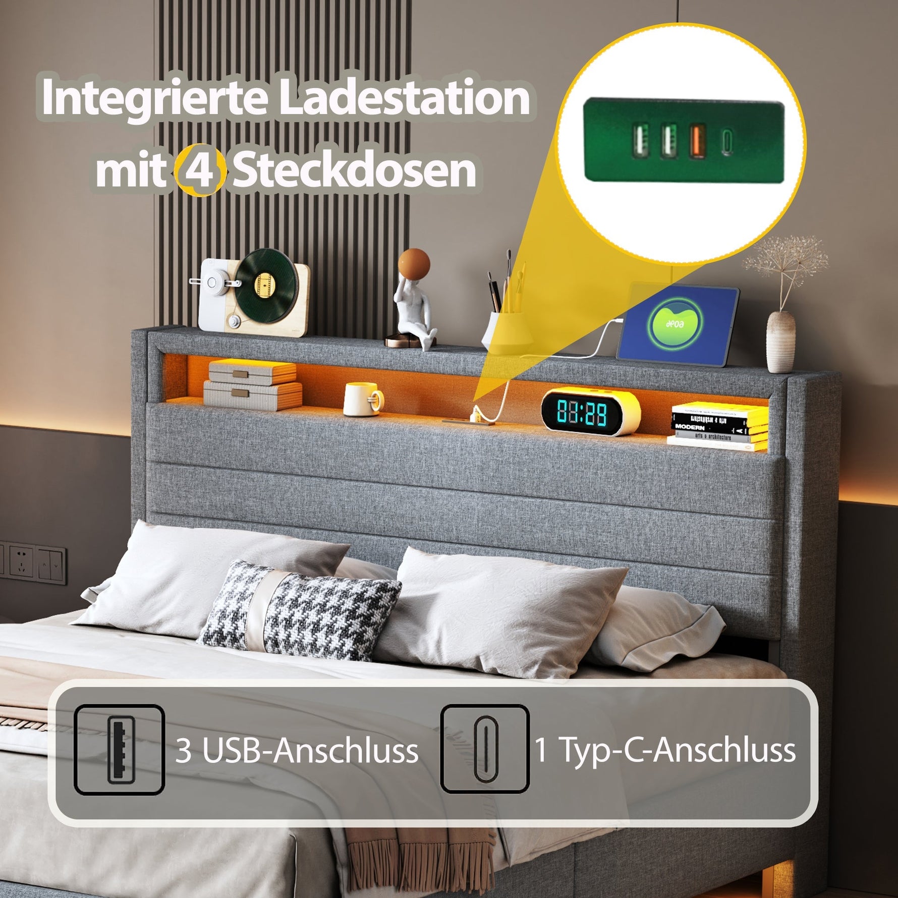 Upholstered Bed 140x200 cm, Hydraulic Floating with Storage, USB & LED, Reversible Headboard, Linen Grey